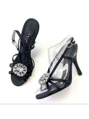 𝅺NINA black satin strappy crystal sandals Size 10  party cocktail formal dressy